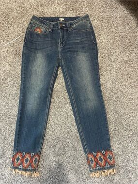 Reba Dark Wash Ankle Jeans with Colorful Embroidered Hem